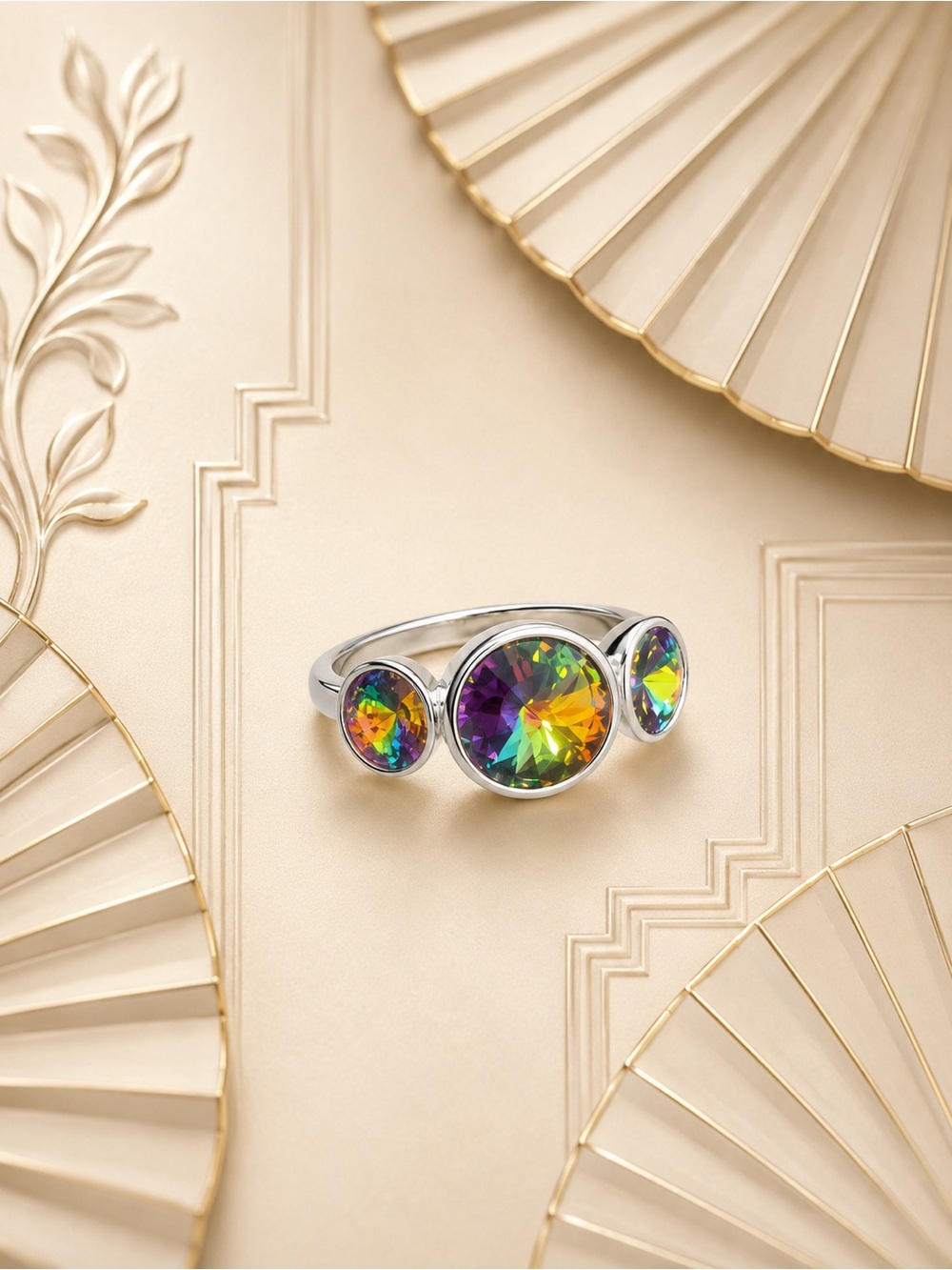 🆕❤️Mystic Rainbow Triple-Stone Rivoli Ring